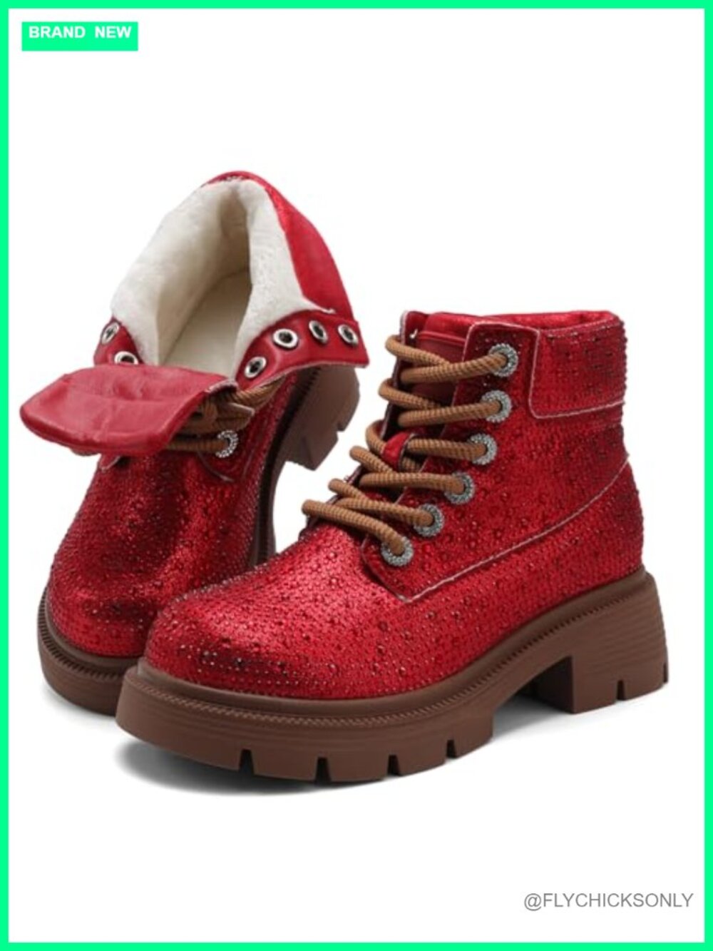 Rhinestone Faux Leather Ankle Boots Chunky Heel Faux Fur Lined
